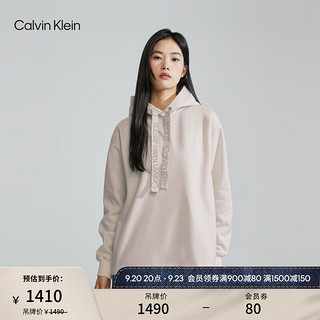 卡尔文·克莱恩 Calvin Klein Jeans女士提花织带抽绳连帽纯色宽松抓绒卫衣J221942 YBI-乳白色 XS