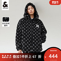 杰克·琼斯（JACK&JONES）秋季男士时尚潮流字母满印羊羔绒连帽夹克外套223309024 黑色-E41 165/88A/XS