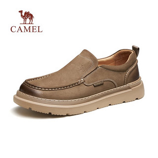 骆驼（CAMEL）男鞋真牛皮厚底免系一脚蹬软弹套脚商务休闲皮鞋男士 卡其 44