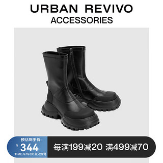 URBAN REVIVO女潮酷拼接烟筒靴厚底中筒靴UAWS32238 黑色 37