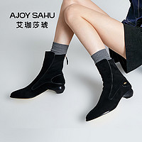 AJOY SAHU 艾珈莎琥秋季英伦风欧美粗跟中短女靴拉链时装靴