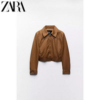ZARA女装翻领长袖美拉德穿搭打蜡皮棉质短款夹克外套4341738 棕色 XS