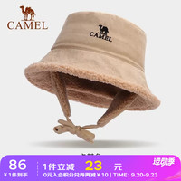 骆驼 CAMEL羊羔绒渔夫帽女秋冬防寒护耳盆帽百搭显脸小冬季加厚保暖帽子 1T32267519,卡其色
