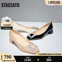 STACCATO 思加图 气质浅口单鞋中粗跟一脚蹬黑色通勤女皮鞋EL603CQ3 柔纱米 36