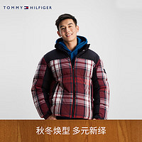 TOMMY HILFIGER男装格纹拼接立领合身保暖面包服铺棉外套33432 藏青红白格子0KP XS