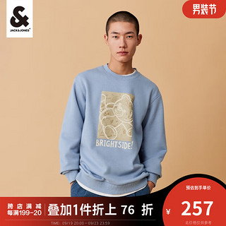 杰克·琼斯（JACK&JONES）秋季男装潮流小熊加绒多色长袖宽松卡通圆领上衣运动卫衣男士 水洗蓝 170/92A/S