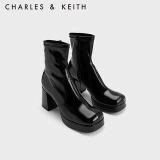 CHARLES&KEITH时尚方头粗高跟拉链短靴女CK1-90580177 Black Patent黑色 37