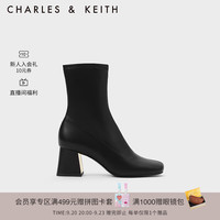 CHARLES&KEITH方头粗跟拉链弹力瘦瘦靴子女靴CK1-90580175 Black黑色 37