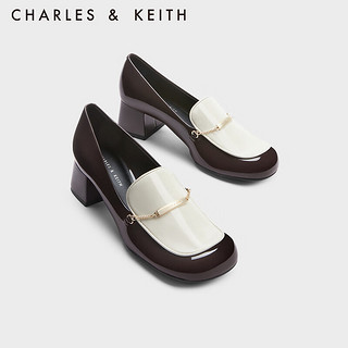 CHARLES&KEITH23冬季CK1-60280415金属链饰漆皮粗跟乐福鞋女 Dark Brown深棕色 35