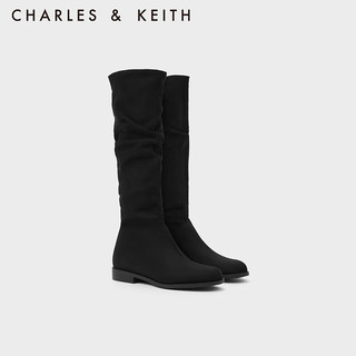 CHARLES&KEITH复古绒面西部牛仔长筒堆堆靴女CK1-90380137 BLACK TEXTURED黑色纹理 38