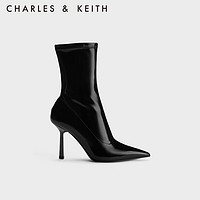 CHARLES&KEITH尖头细高跟拉链短靴瘦瘦靴女CK1-90360386 Black Patent黑色 38