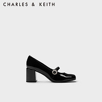 CHARLES&KEITH23冬季CK1-60361487复古粗跟玛丽珍鞋单鞋女 Black Patent黑色 38