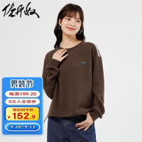 佐丹奴卫衣女秋冬绣章撞色抽绳下摆宽松圆领套头衫女18323011 83巧克力棕 M