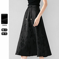 晚白 ONEBUYE季修身新中式国风印花半裙高腰A摆国风减龄半身裙 M 黑色（收藏品牌，及时获取活动提示）