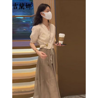 卡吉蘭娜(Kajilanna)连衣裙季女装收腰显瘦纱裙法式温柔风气质套装裙子夏天 杏色上衣+咖色裙子 XL 体重119-128斤