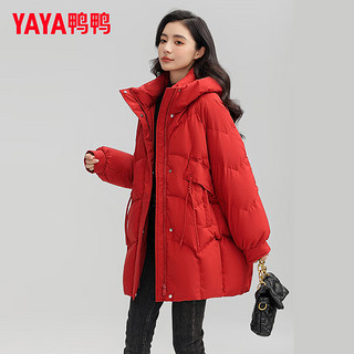 鸭鸭（YAYA）羽绒服女中长款冬季连帽宽松大口袋气质通勤保暖外套SX 红色 S