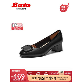 Bata 拔佳 浅口单鞋女2023秋季商场羊皮粗跟通勤方扣单鞋6512DCQ3 黑色 37