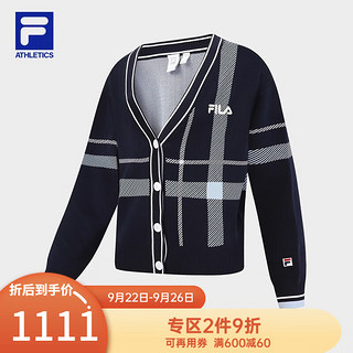 斐乐（FILA） 女子织衫格纹宽松V领开衫网球运动上衣 满印一-ZA 160/80A/S