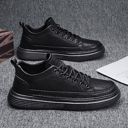 帕尔康（Paerkang）新款黑色休闲皮鞋男软底系带板鞋发型师男鞋