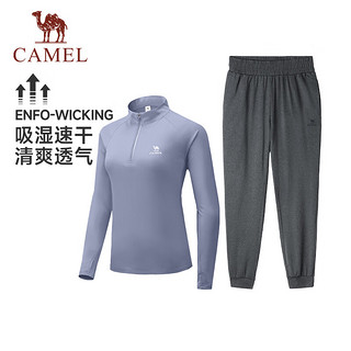 骆驼 CAMEL速干T恤运动套装男防晒训练服跑步长袖上衣 J3YD1007025，香橘粉+黑花纱，女 S