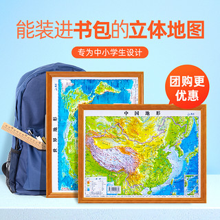 新版共2张 中国地图和世界地图 3d凹凸立体地形图约30cm*23cm 装饰学生学习地理三维地貌地形小学中学初中生北斗地图