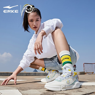 ERKE 鸿星尔克 高帮板鞋女撞色活力拼接舒适人工肌 橡芽白/淡灰蓝 38