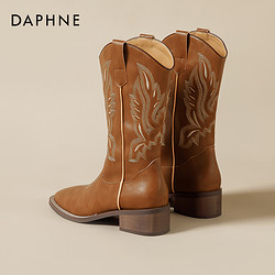 DAPHNE 达芙妮 棕色西部牛仔靴女2023新款秋季美拉德靴子刺绣民族风骑士靴