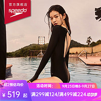 速比涛（Speedo）全新小黑裙斜切剪裁性感露背温泉度假 防晒长袖连体泳衣女 黑色 34