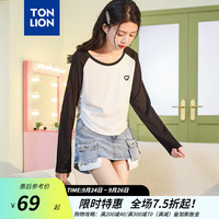 唐狮 TONLION长袖T恤女插肩袖拼接针织抽绳上衣女 黑色 M