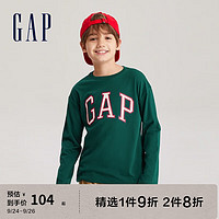 Gap男女童秋季2023LOGO纯棉运动长袖T恤821304儿童装休闲上衣 深绿色 110cm(XS)