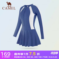 骆驼 CAMEL连体泳衣女春夏遮肚显瘦保守温泉装性感长袖防晒大码三亚游泳衣 Y1S1VZ901，子夜蓝/白色，女 M
