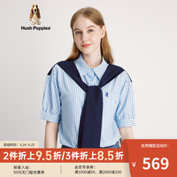 Hush Puppies暇步士女装季时尚假两件简约通勤条纹短袖衬衫 116淡蓝 M
