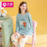 FENTENG 芬腾 女纯棉长袖布朗熊联名圆领家居服睡衣套装 兰绿