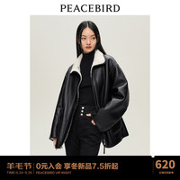 太平鸟女装 太平鸟PU皮机车服外套女冬仿皮毛一体羊羔毛加绒外套 黑色 M
