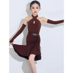 布恋猫 拉丁舞服装女童演出服oope舞配舞3-14岁小女孩吊带表演舞蹈服洋气 咖色套装 带袖套 160