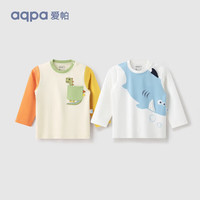 aqpa 春秋100%新疆棉,195克重T恤女童男童长袖宝宝儿童保暖打底衫 白底肯迪鲨 80/48