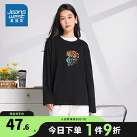 JEANSWEST 真维斯 女装 时尚印花宽松套头圆领休闲长袖T恤LE 黑色8010 165/84A/XS