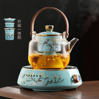 不拙玻璃煮茶壶电陶炉煮茶器烧水壶茶具套装家用养生壶煮茶炉围炉煮茶 2喜鹊登枝条纹壶+喜鹊登枝电陶炉