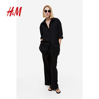 H&M女装长袖衬衫舒适亚麻混纺透气休闲衬衣1122105 黑色 170/116A