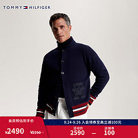 TOMMY HILFIGER男装纯棉重工字母绣标宽松棒球领针织外套33090 藏青色DW5 M