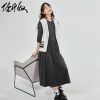 佐丹奴裙子女早秋弹力棉针织打揽圆领连衣裙女18463619 05陨石灰 S