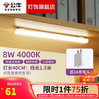 公牛（BULL） 酷毙灯usb插电长条灯宿舍小夜灯阅读学习寝室书桌灯护眼磁吸 8w中性光+2A充电头 其他