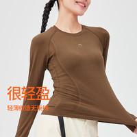 JSC小能量运动长袖无缝上衣圆领修身健身服蓄热温暖户外运动跑步 焦糖棕 S