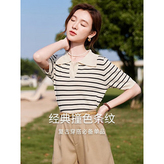 香影（xiangying）条纹polo薄款针织衫女短袖季休闲套头t恤翻领上衣 米色 M