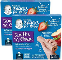 Gerber 嘉宝 婴儿零食 Soothe &#39;n&#39; 咀嚼磨牙棒 草莓苹果,6 个独立包装的出牙棒/盒(2 盒)
