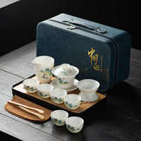循一 白瓷茶具套装 羊脂玉茶具+茶盘(只此青绿)蓝皮