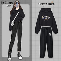 La Chapelle City 拉夏贝尔运动休闲套装女2023年春秋季新款黑色短款连帽卫衣两件套