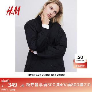 H&M 女装短外套秋季宽松微落肩长袖绗缝夹薄棉服1160727 黑色 165/96A