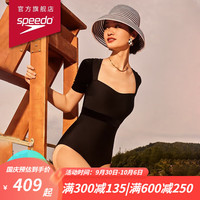 速比涛（Speedo）全新小黑裙礼服前胸设计性感露背遮肉显瘦温泉 短袖连体泳衣女 黑色 36