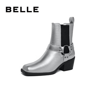 BeLLE 百丽 小众切尔西靴女粗跟方头短靴BBJ64DZ3 银色 34